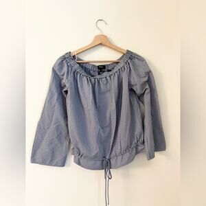 Theory Odettah Off Shoulder Seersucker blue and white striped blouse top fall